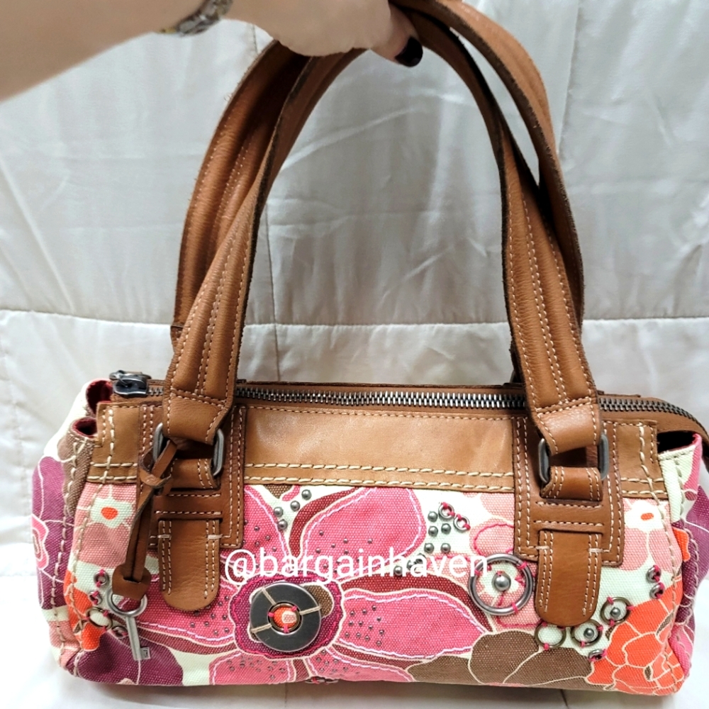 Fossil Pink Floral Canvas Shoulder Bag with Brown Leather Trim